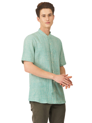 Textured Soft Handloom Green Striped Shirt