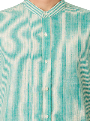 Textured Soft Handloom Green Striped Shirt