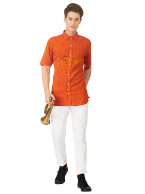 Textured Soft Handloom Shirt In Fiery Orange Hue