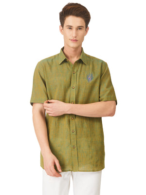 Textured Soft Handloom Shirt In Karmic Green Hue