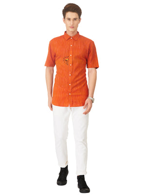 Textured Soft Handloom Shirt In Fiery Orange Hue