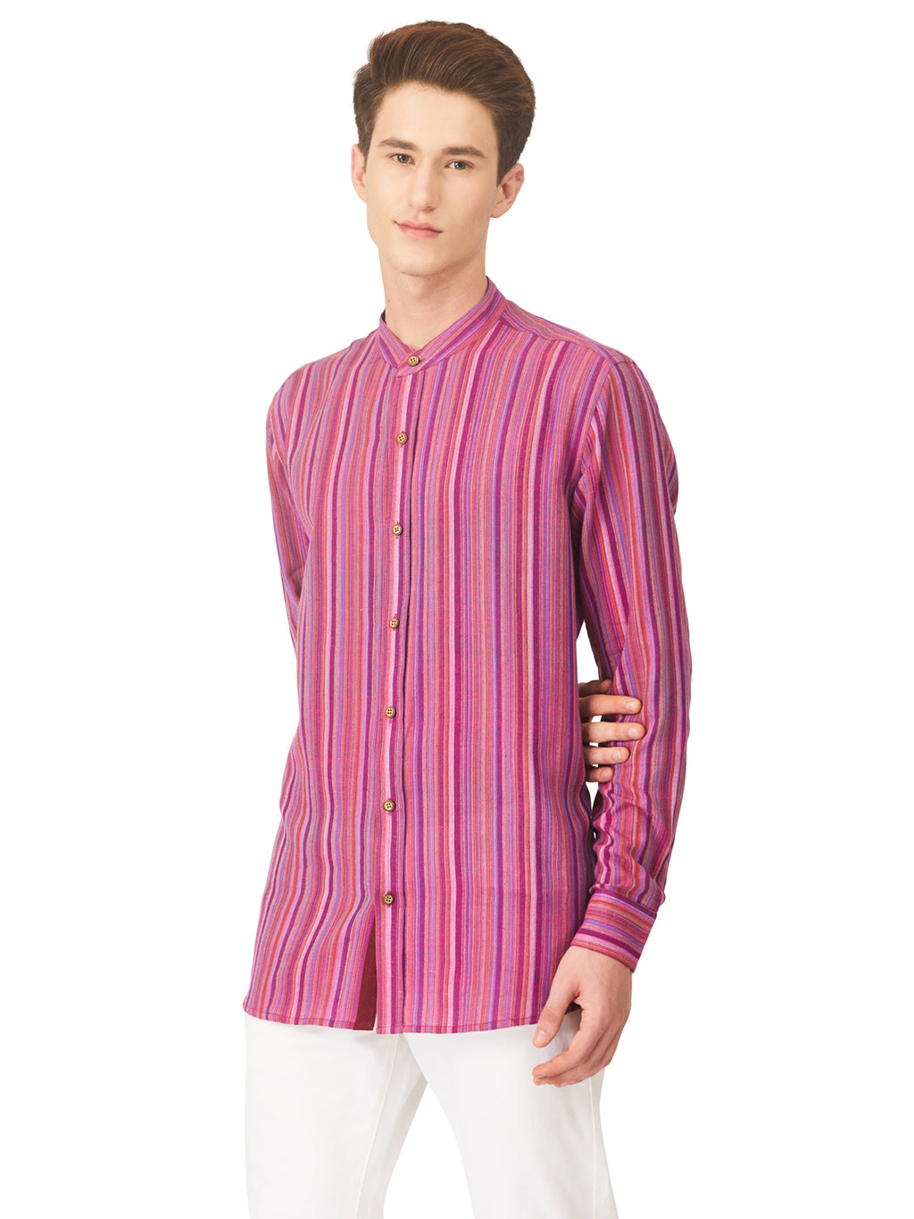 Textured Soft Handloom Shirt With Bold Stripes In Purple Look