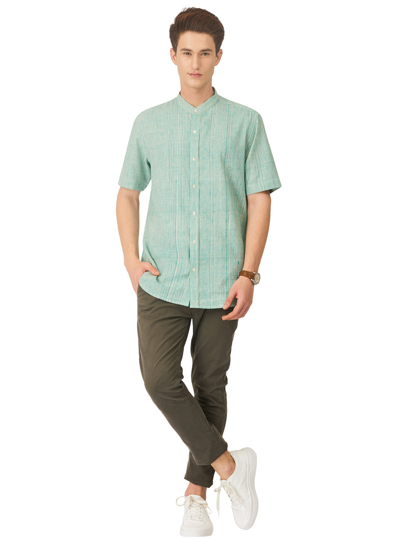 Textured Soft Handloom Green Striped Shirt